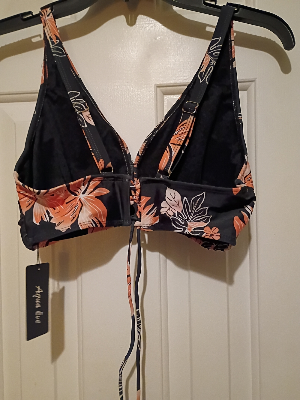 Aqua Blu Black Bikini Top with Peach Floral Print